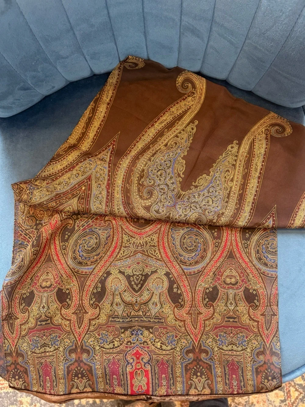 Talbots Paisley Sheer Scarf Velvet Ends Brown Red Gold 55 x 15.5
